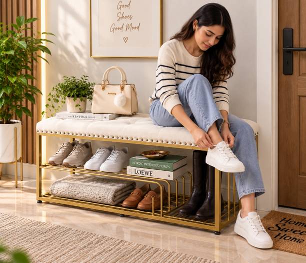 Worldcollection Shoe Storage Rack Upholstered Cushion Bench for Home Metal Shoe Rack