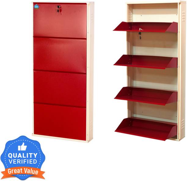 Delite Kom 24 Inches wide Four Door Powder Coated Wall Mounted Metallic Ivory Brick Red Metal, Metal, Metal Shoe Rack