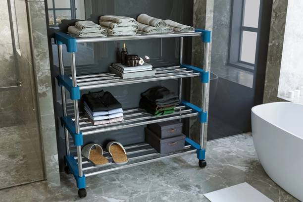 WHIZZ Multi-Purpose Standing Home Organizer Stackable Steel Shoe(4 Tier,BLUE) Metal Collapsible Shoe Stand (4 Shelves, Pre-assembled) Metal, Plastic Shoe Stand
