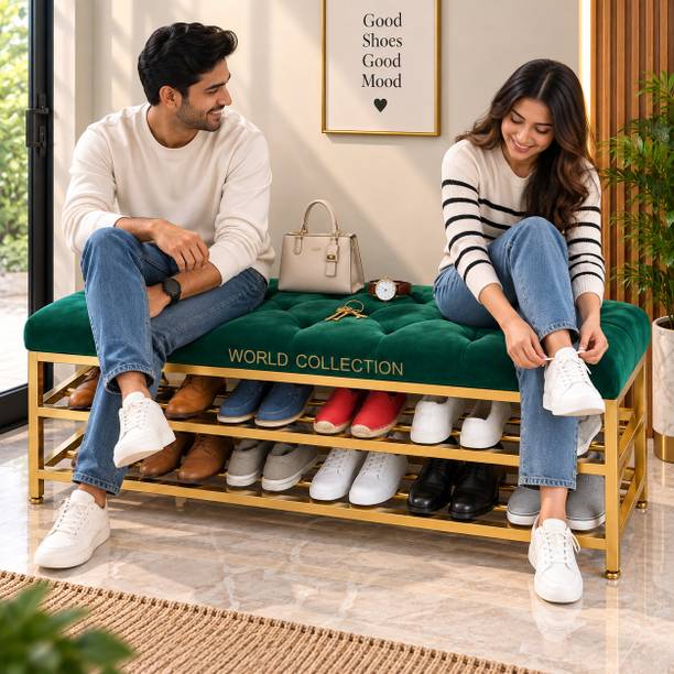 Worldcollection Tufted Seating Bench with 3 Tier Shoe Storage Rack Modern Footwear Organizer Metal Shoe Rack