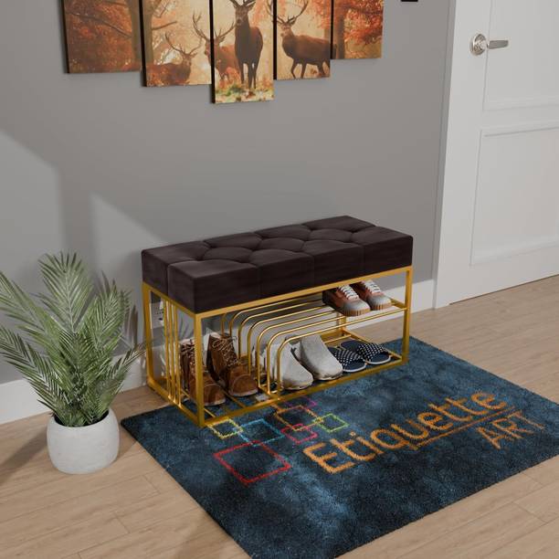 Ereteken ART Luxurious Velvet Upholstered Shoe Bench, Modern Entryway Storage Metal Shoe Rack