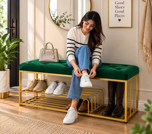 Worldcollection Premium Storage Bench with Cushioned Seat Metal Shoe Rack