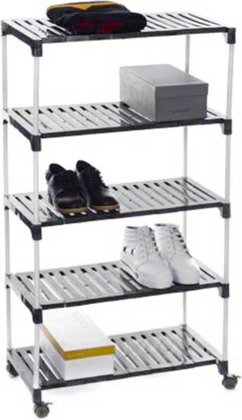 Dhani Creations 5 Shelves,Organiser Foldable Shoe Racks with Wheel for Home Clothes Rack Black Plastic with White Steel Rods Cheppal Stand Shoes Stand Metal Iron Shoe Rack Metal Collapsible Shoe Stand