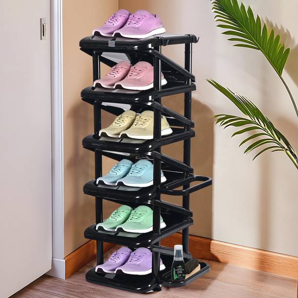 Heart Home Foldable 6-Tier Plastic Shoe Stand with Side Hooks | Tower - Black Plastic Shoe Rack