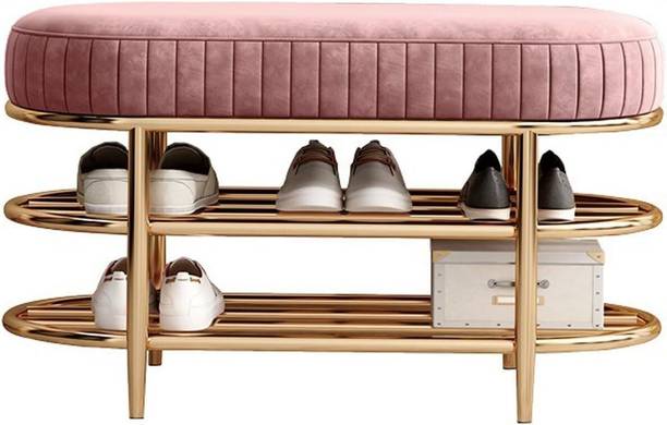 DecorationCrown Velvet Shoe Rack Bench, Metal Framed Two-Tier Shoe Storage Shelf Metal Shoe Rack