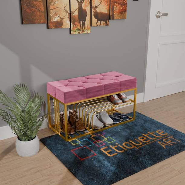 Ereteken ART Luxurious Velvet Upholstered Shoe Bench, Modern Entryway Storage Metal Shoe Rack