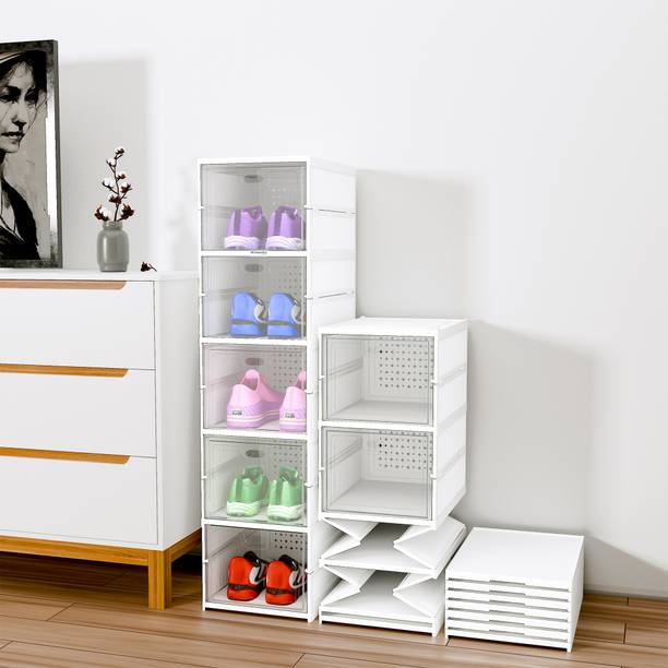 HOMESTIC by Kuber Industries (5-Layer) Foldable Storage Rack for Shoe, Slippers & Books | White Plastic Collapsible Shoe Stand