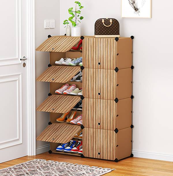 SNKR ESSENTIALS 16-Shelf-8-Door Plastic Cupboard Shoe Rack Plastic, Metal Collapsible Shoe Stand