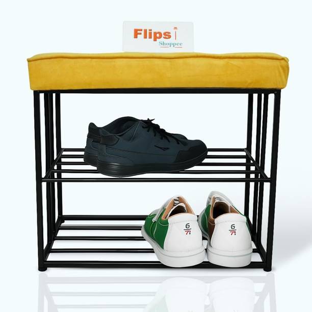 FlipsShoppee Velvet Cushioned Shoe Rack Bench with Golden Metal Frame, 2-Tier Shoe Storage Metal Shoe Rack