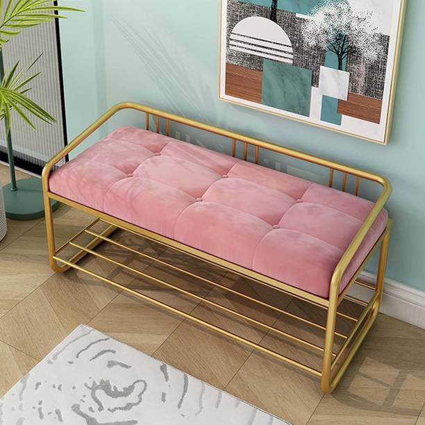 FlipsShoppee Golden Metal Shoe Rack with Cushion Bench 2 Tier Storage Organizer 31x12x20 inch Metal Shoe Rack