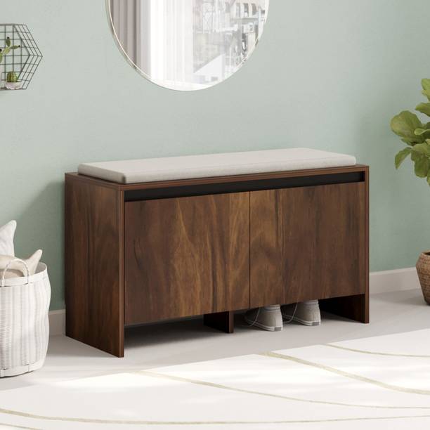 BLUEWUD Mavis Shoe Stand with Cushioned Seating, Shoe Storage Cabinet Organiser Stand Engineered Wood Shoe Rack