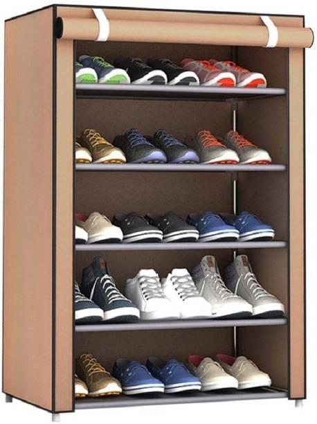 Styleys Shoe Rack Organizer Polyester Collapsible Shoe Stand (Beige, 5 Shelves) Metal Collapsible Shoe Stand