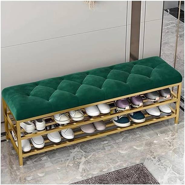 FlipsShoppee 2-Tier Metal Shoe Rack Bench With Cushion Seat And Golden Iron Frame Metal Shoe Rack