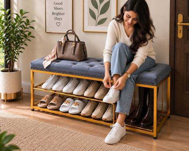 Worldcollection Modern Shoe Rack Seat | 2 Tier Metal Footwear Storage Bench for Entryway Metal Shoe Rack