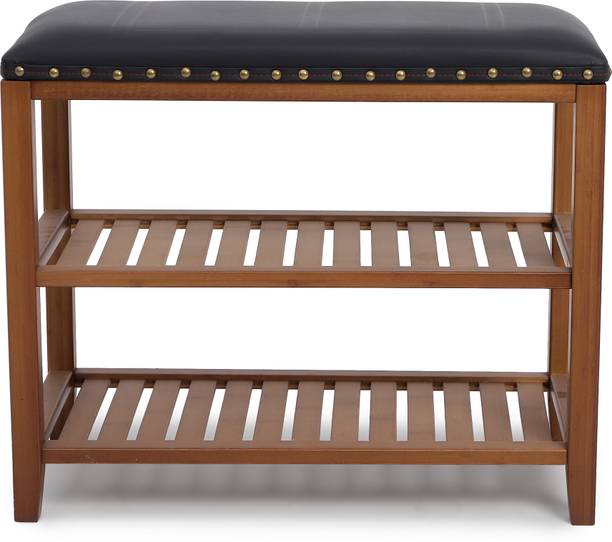 Merish Bamboo Wood Shoe Rack Bench 3-Tier Entryway Bench with Brown Padded Cushion Seat Bamboo, Solid Wood Shoe Rack