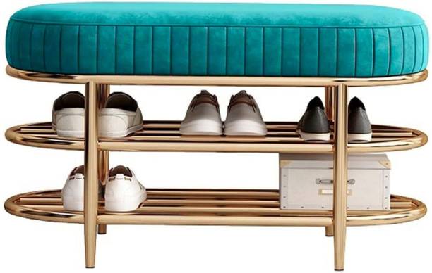 DecorationCrown Velvet Shoe Rack Bench, Metal Framed Two-Tier Shoe Storage Shelf Metal Shoe Rack