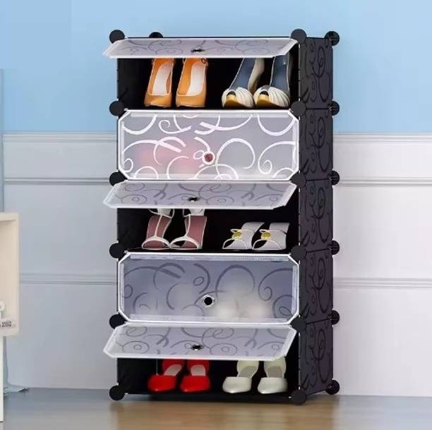 KriShyam ® Portable Shoe Rack Organizer, Plastic Cube Storage 10 Pair Tower 5 door Plastic Collapsible Shoe Stand