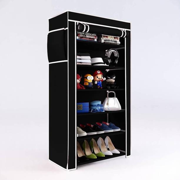 EasyCraft 6 Shelf Shoe Rack with Cover, Chappal Stand Organizer with Lock, Space Saving Plastic, Metal Shoe Rack