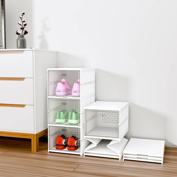 HOMESTIC by Kuber Industries (3-Layer) Foldable Storage Rack for Shoe, Slippers & Books | White Plastic Shoe Stand