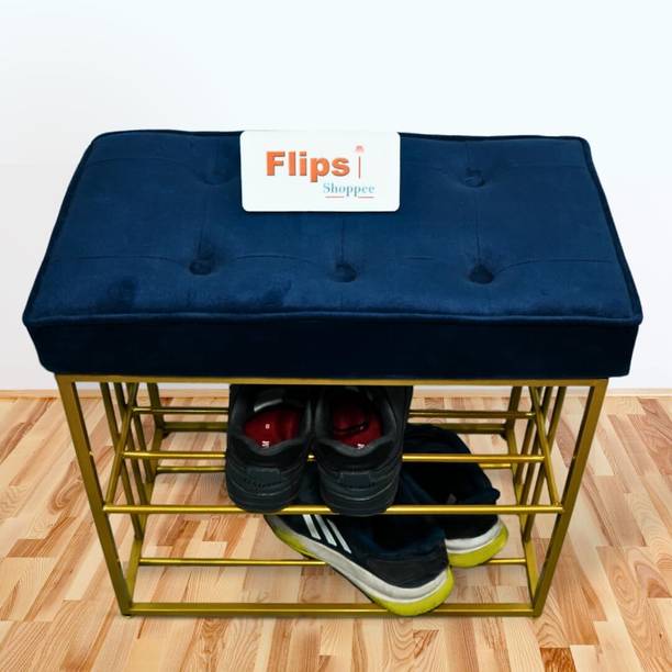 FlipsShoppee Velvet Cushioned Shoe Rack Bench with Golden Metal Frame, 2-Tier Shoe Storage Metal Shoe Rack