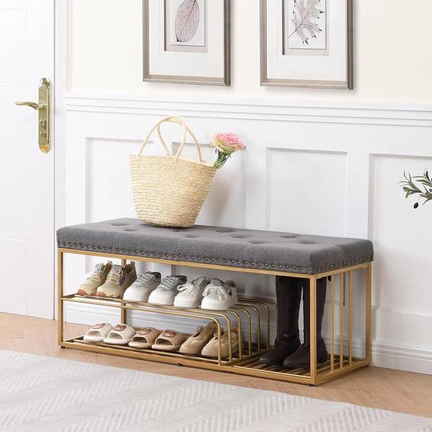 DecorationCrown Luxurious Shoe Bench with Golden Shoe Shelf,Velvet Upholstered Shoe Rack Bench Metal Shoe Rack