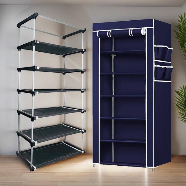 girja 6-Tiers Multipurpose Heavy Metal Shoe Rack with Wardrobe Cover {Black} Plastic Collapsible Shoe Stand