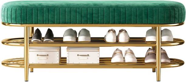 DecorationCrown Velvet Shoe Rack Bench, Metal Framed Two-Tier Shoe Storage Shelf Metal Shoe Rack