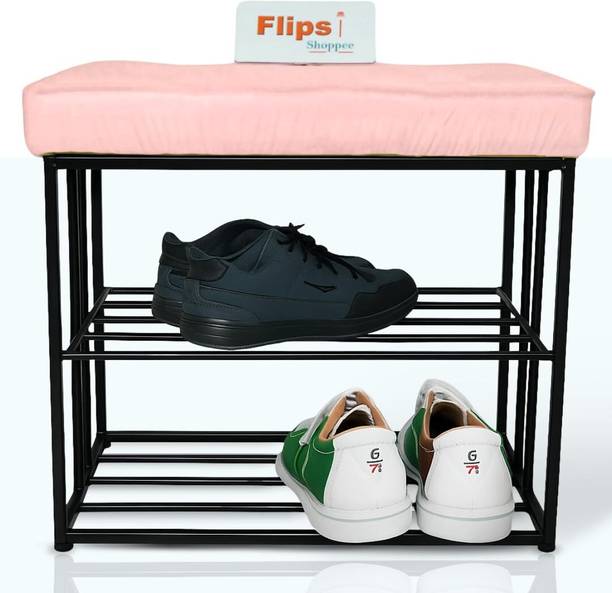 FlipsShoppee Velvet Cushioned Shoe Rack Bench with Golden Metal Frame, 2-Tier Shoe Storage Metal Shoe Rack