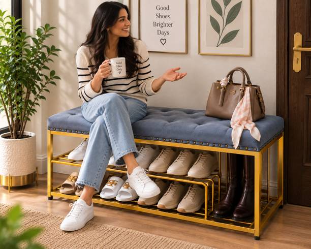 Worldcollection Modern Shoe Rack with Seat | 2 Tier Metal Footwear Storage Bench for Entryway Metal Shoe Rack
