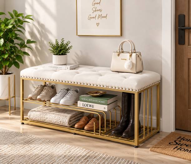 Worldcollection Shoe Storage Rack with Upholstered Cushion Bench for Home Metal Shoe Rack