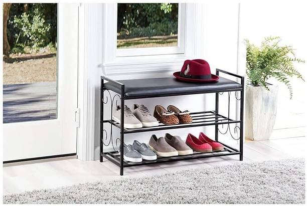 Indian Decor 45478 EntrywDay Shoe Rack with Cushioned Seat, 3 Tiers Shoe Rack Bench Metal Shoe Rack
