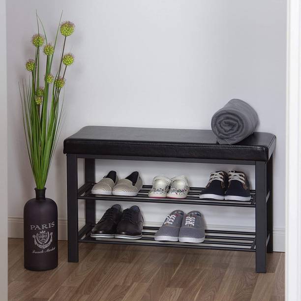 Indian Decor XL48317 49x81x32 cm Open Shoe Shelf, Padded Seat with Faux Leather, Black Metal, Leatherette Shoe Rack