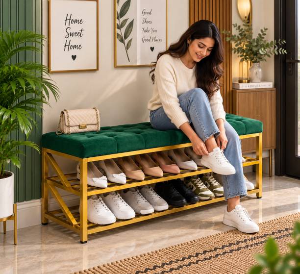 Worldcollection Luxury Shoe Storage Bench with Padded Seat 3 Tier Entryway Shoe Rack & Organizer Metal Shoe Rack