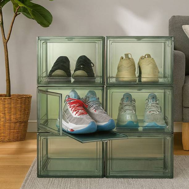 GO HOOKED Grey Shoe Box with Magnetic Front Door Stackable Sneaker Display Box Organizer Plastic Collapsible Shoe Stand