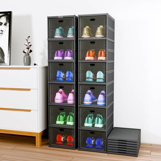 HOMESTIC by Kuber Industries 2 Pcs Foldable 6-Tier Storage Rack for Shoe, Slippers & Books | Grey Plastic Shoe Rack