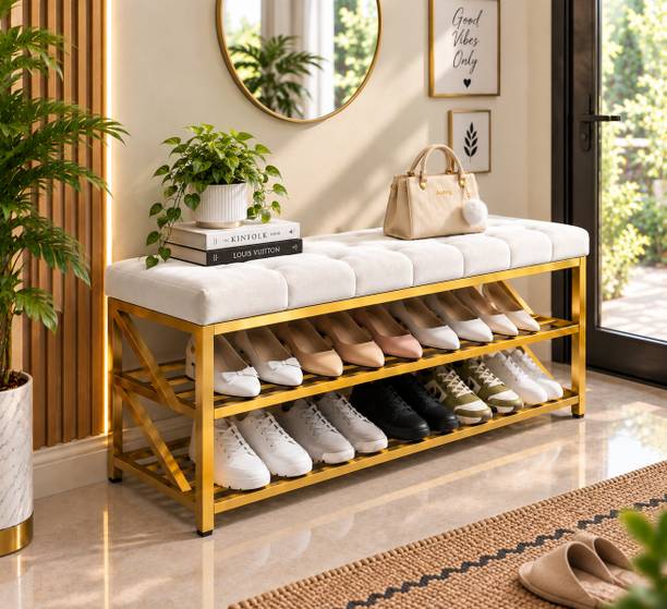 Worldcollection Modern 3 Tier Shoe Rack Bench with Cushioned Seat | Entryway Footwear Storage Metal Shoe Rack