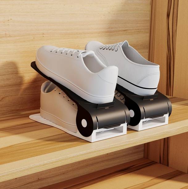 Jiyan Enterprise 2 PC Adjustable Double Deck Shoe Organizer Rack Space Saving Closet Storage Plastic Shoe Rack
