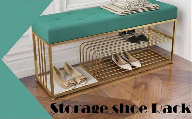 Unique Arts Shoppee Entryway Bench Shoe Rack For Living Room,Stable ShoeRack With Soft Cushion-Green Metal Shoe Rack