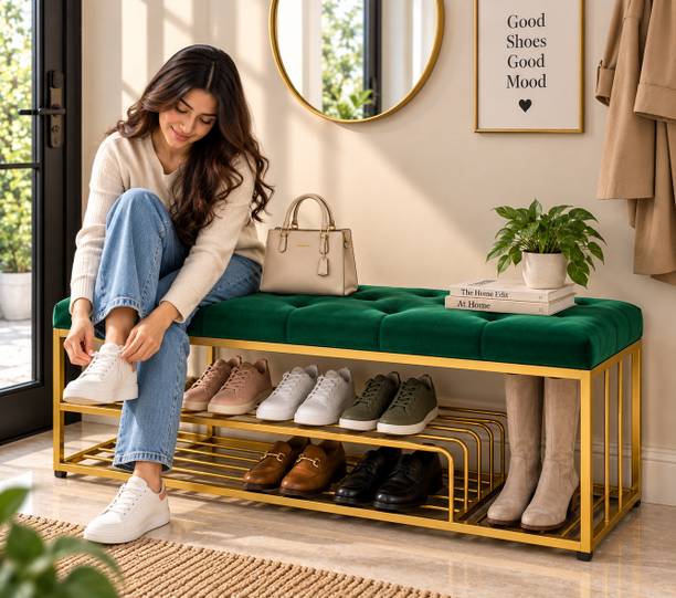 Worldcollection Premium Storage Bench with Velvet Cushioned Seat | 2 Metal Shoe Rack
