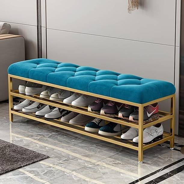 FlipsShoppee 2-Tier Metal Shoe Rack Bench With Cushion Seat And Golden Iron Frame Metal Shoe Rack