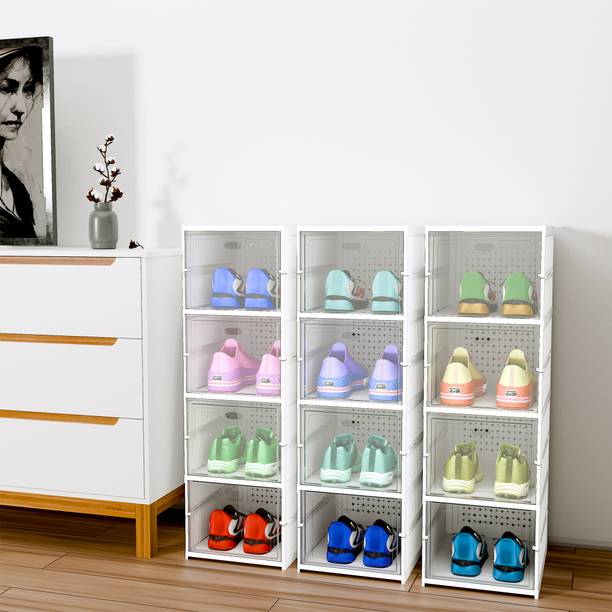 KUBER INDUSTRIES (Pack of 3) Foldable (4-Layer) Storage Rack for Shoe, Slippers & Books | White Plastic Shoe Rack
