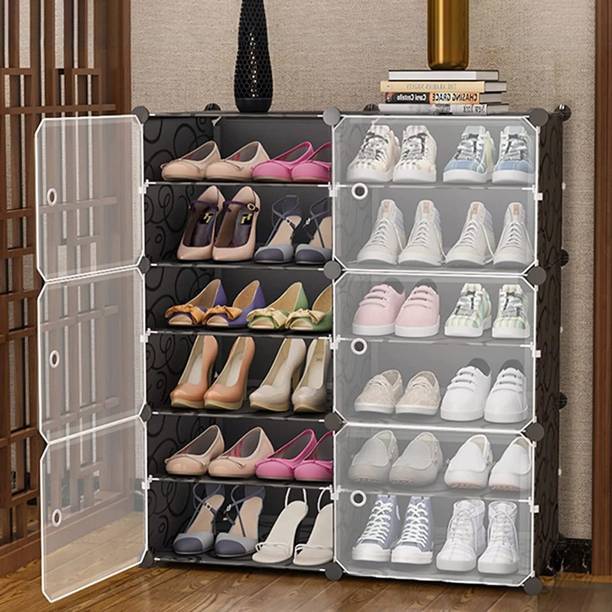 PYXBE 12-Shelf-6-Door Plastic Shoe Rack For Home Kids Shoe Stand Organizer Collapsible Plastic Shoe Rack