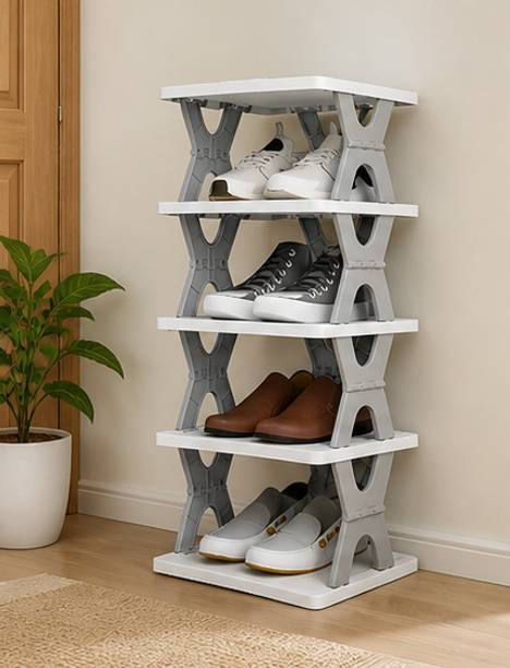 SATEnterprise 5 Tier Foldable Shoe Rack Adjustable Stand Space Saving Shoe Organizer Plastic Collapsible Shoe Stand