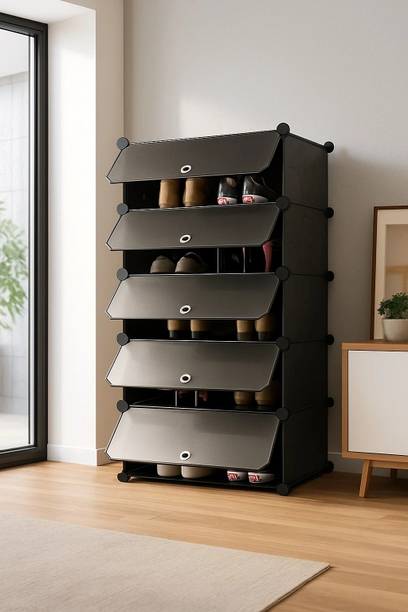PYXBE 5-Shelf-5-Door Plastic Shoe Rack For Home Kids Shoe Stand Organizer Collapsible Plastic Shoe Rack