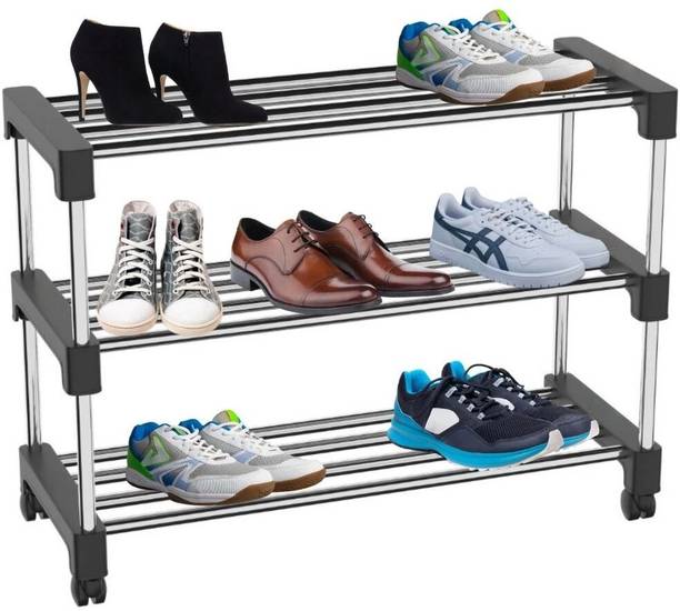 METZO Multi-Purpose Standing Home Organizer Stackable Steel Shoe(3 Tier,Red) Metal Collapsible Shoe Stand (3 Shelves, Pre-assembled) Metal, Plastic Shoe Stand