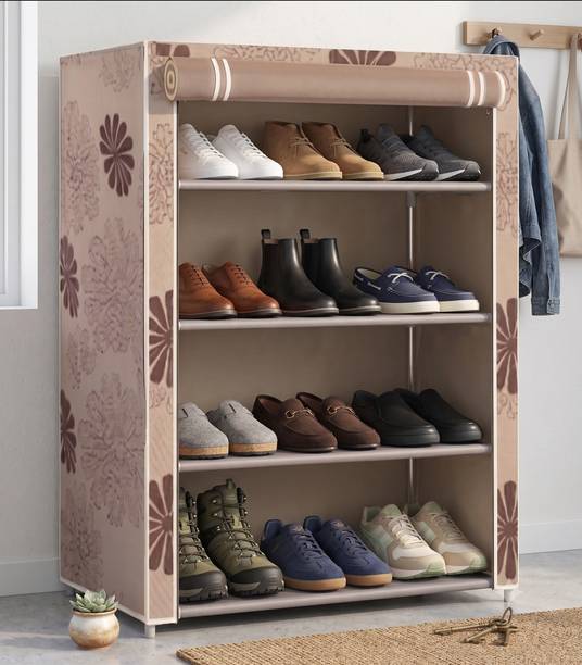 Xevansor Brown Cloth Shoe Rack Plastic Collapsible Shoe Stand