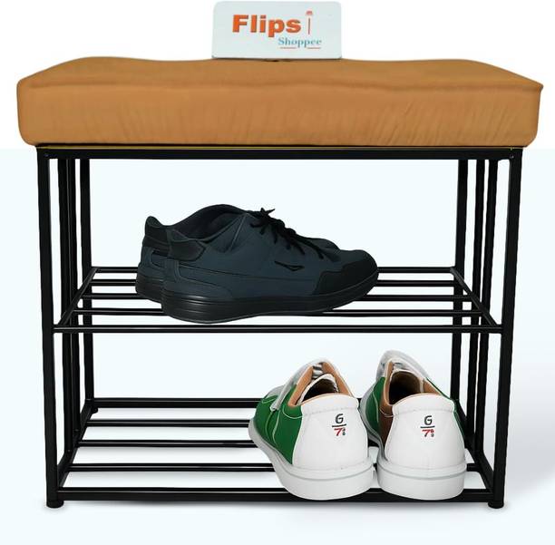 FlipsShoppee Velvet Cushioned Shoe Rack Bench with Golden Metal Frame, 2-Tier Shoe Storage Metal Shoe Rack