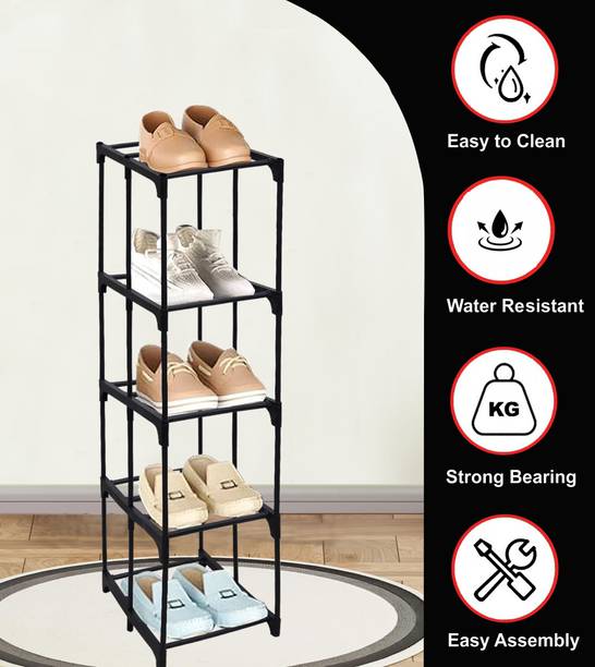 KOnline Black Block Design PP Plastic Shoe Rack – Modern, Space-Saving Organizer Plastic Collapsible Shoe Stand