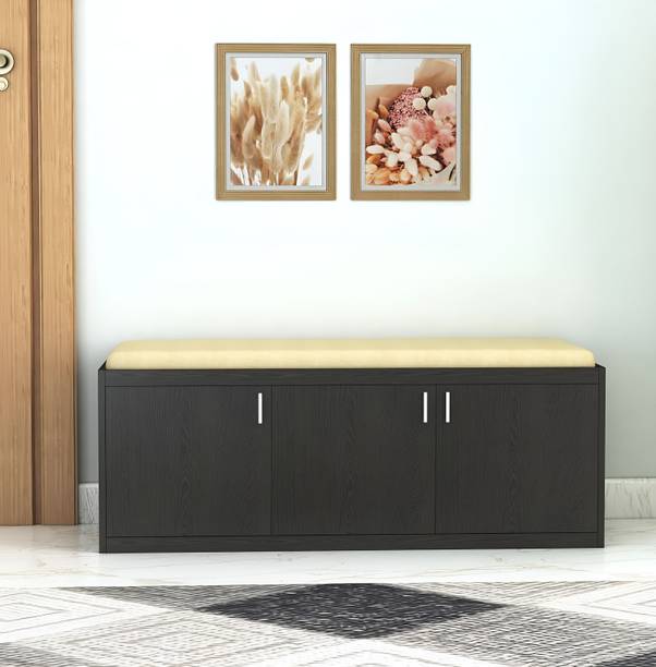 Floresta Wud Engineered Wood Shoe Rack with 3 Door and Cushion Seat for Living Room Engineered Wood Shoe Rack