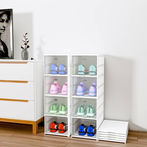 Heart Home (Pack of 2) Foldable (4-Layer) Storage Rack for Shoe, Slippers & Books | White Plastic Shoe Stand